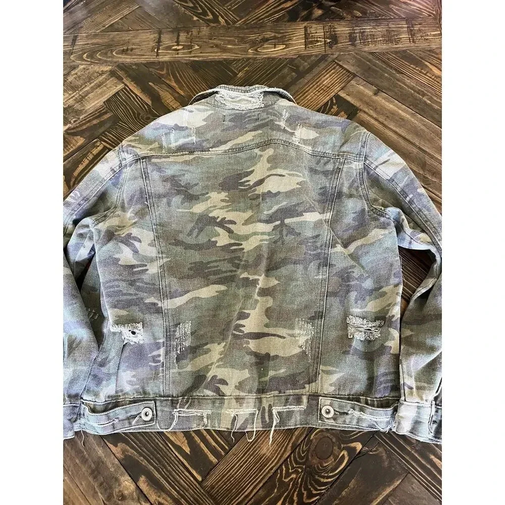 Lucky & Blessed Distressed Camo Jacket Women Medium Transitional Boho Fringe - Picture 3 of 16